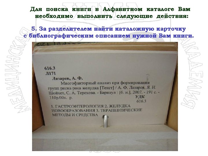Для поиска книги в Алфавитном каталоге Вам необходимо выполнить следующие действия: 5. За разделителем