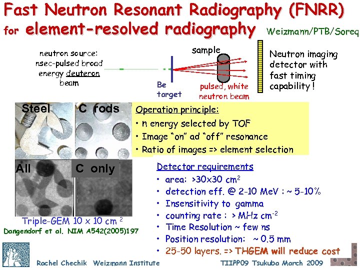 Fast Neutron Resonant Radiography (FNRR) for element-resolved radiography Weizmann/PTB/Soreq sample neutron source: nsec-pulsed broad