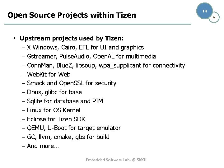 Open Source Projects within Tizen • Upstream projects used by Tizen: – X Windows,