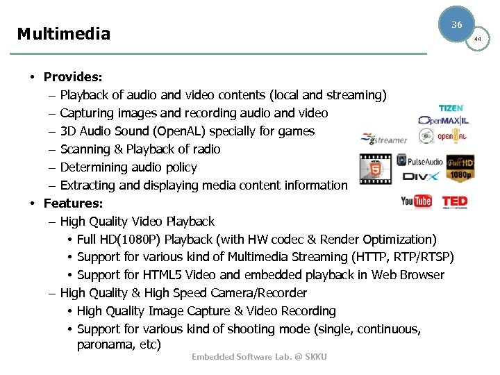 36 Multimedia 44 • Provides: – Playback of audio and video contents (local and