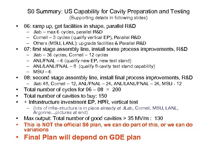 S 0 Summary: US Capability for Cavity Preparation and Testing (Supporting details in following