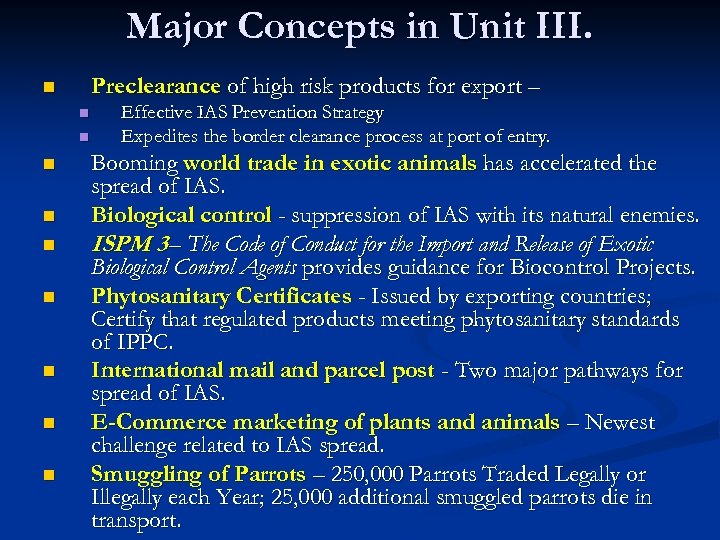 Major Concepts in Unit III. Preclearance of high risk products for export – n