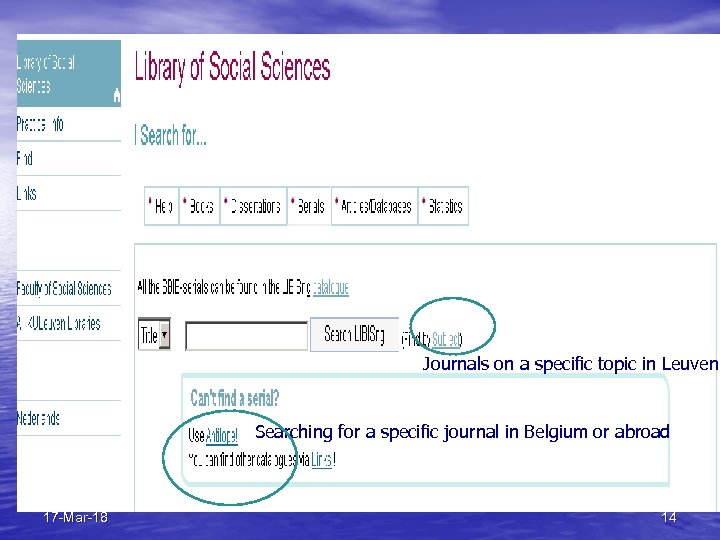 Journals on a specific topic in Leuven Searching for a specific journal in Belgium
