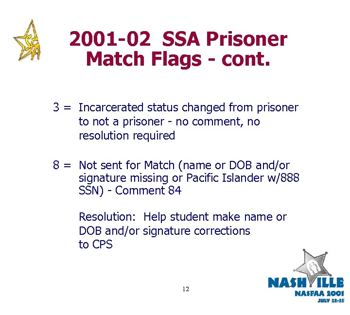 2001 -02 SSA Prisoner Match Flags - cont. 3 = Incarcerated status changed from