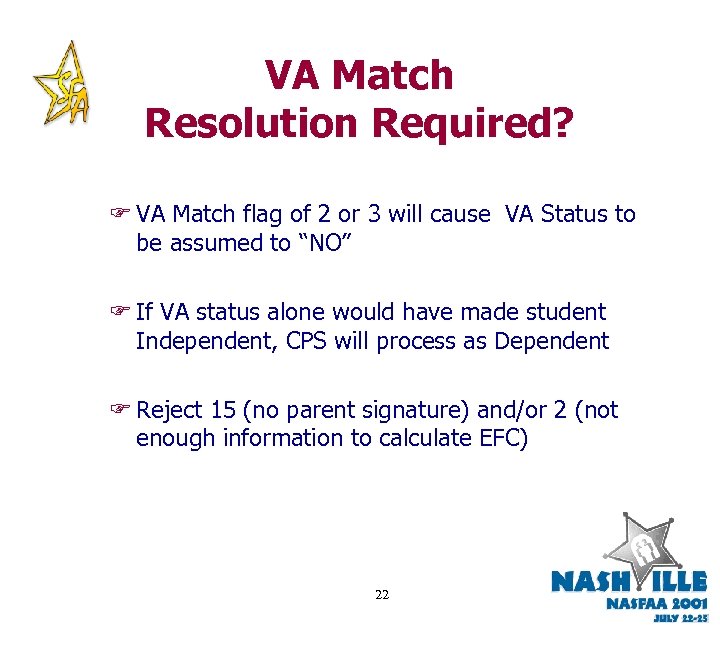 VA Match Resolution Required? F VA Match flag of 2 or 3 will cause