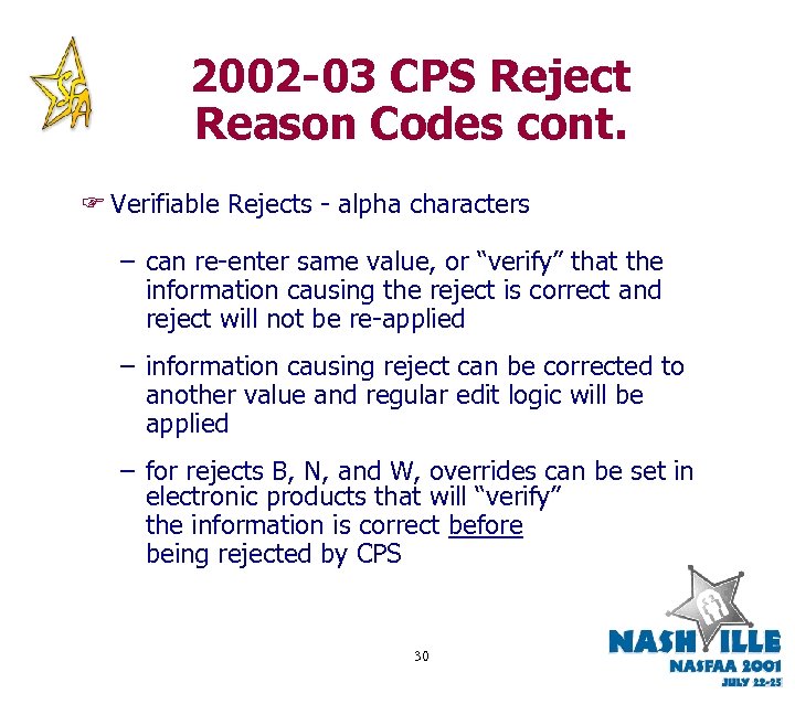 2002 -03 CPS Reject Reason Codes cont. F Verifiable Rejects - alpha characters –