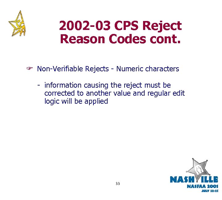 2002 -03 CPS Reject Reason Codes cont. F Non-Verifiable Rejects - Numeric characters -