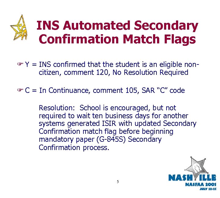INS Automated Secondary Confirmation Match Flags F Y = INS confirmed that the student