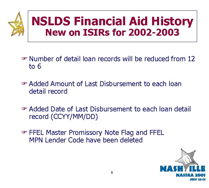 NSLDS Financial Aid History New on ISIRs for 2002 -2003 F Number of detail