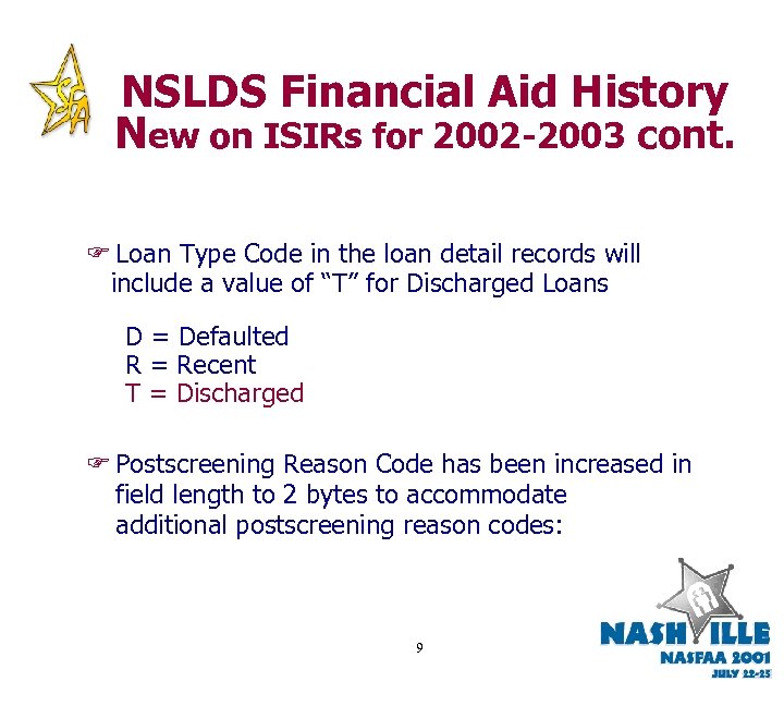 NSLDS Financial Aid History New on ISIRs for 2002 -2003 cont. F Loan Type