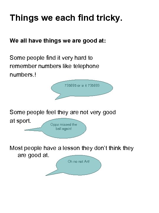 Things we each find tricky. We all have things we are good at: Some