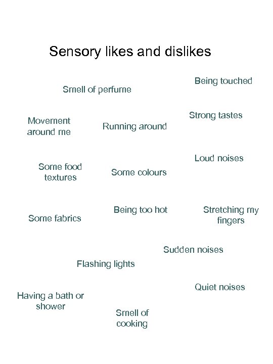 Sensory likes and dislikes Being touched Smell of perfume Strong tastes Movement around me