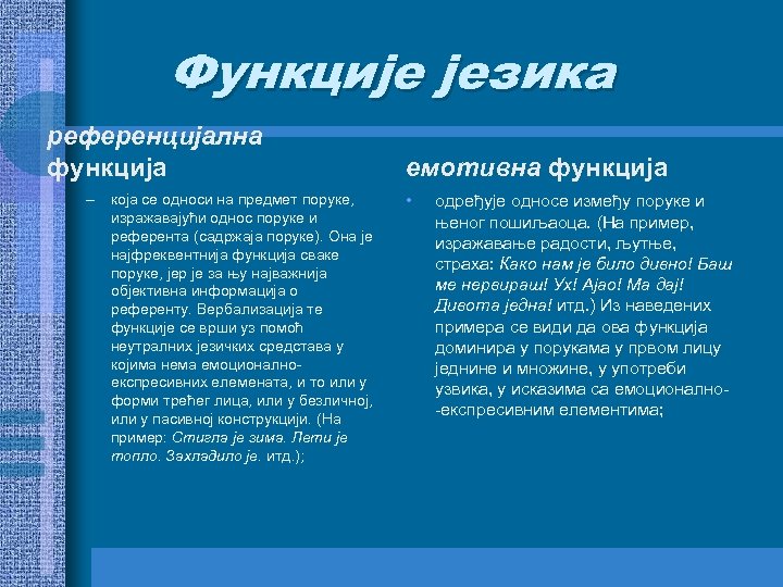 Функције језика референцијална функција – која се односи на предмет поруке, изражавајући однос поруке