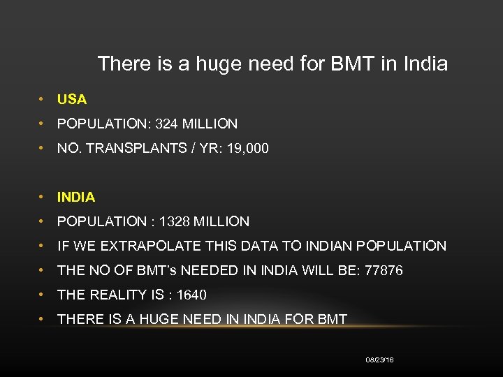 There is a huge need for BMT in India • USA • POPULATION: 324