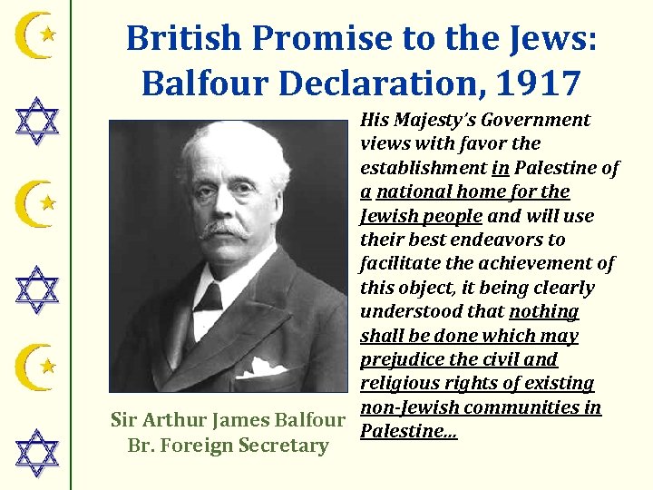 British Promise to the Jews: Balfour Declaration, 1917 His Majesty’s Government views with favor