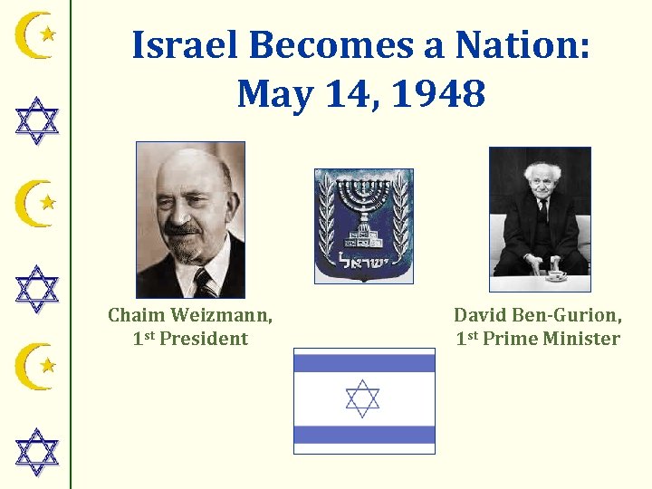 Israel Becomes a Nation: May 14, 1948 Chaim Weizmann, 1 st President David Ben-Gurion,