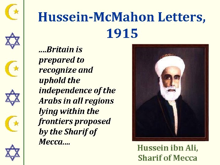 Hussein-Mc. Mahon Letters, 1915. . Britain is prepared to recognize and uphold the independence