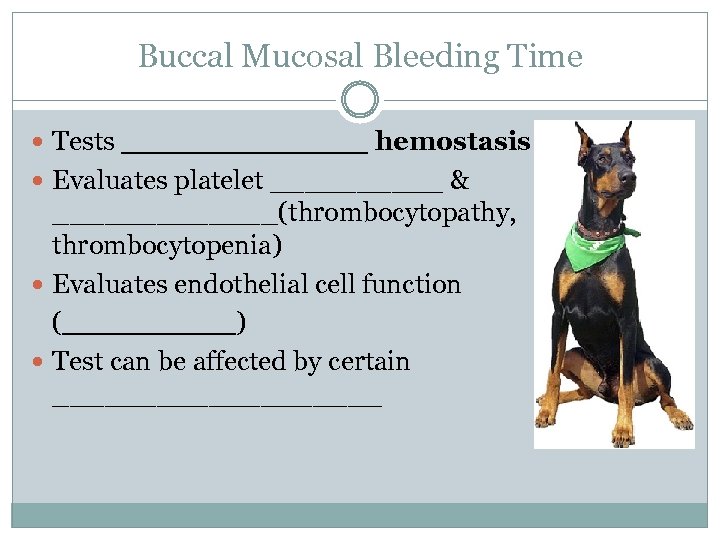 Buccal Mucosal Bleeding Time Tests _______ hemostasis Evaluates platelet _____ & _______(thrombocytopathy, thrombocytopenia) Evaluates