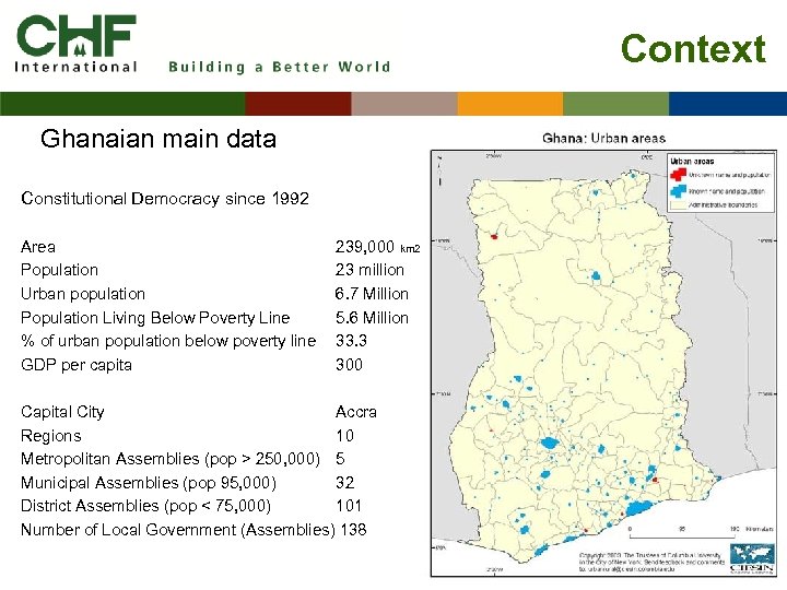 Context Ghanaian main data Constitutional Democracy since 1992 Area Population Urban population Population Living