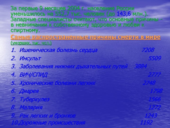 За первые 9 месяцев 2004 г. население России уменьшилось на 552, 7 тыс. человек