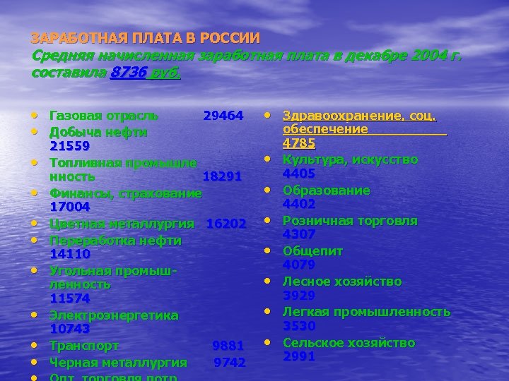 ЗАРАБОТНАЯ ПЛАТА В РОССИИ Средняя начисленная заработная плата в декабре 2004 г. составила 8736