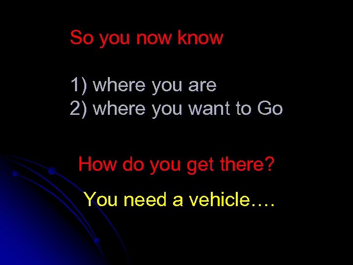 So you now know 1) where you are 2) where you want to Go