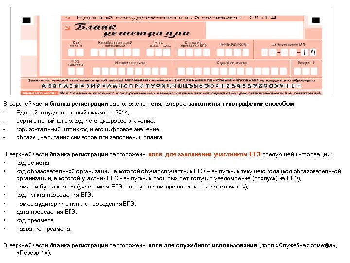 В верхней части бланка регистрации расположены поля, которые заполнены типографским способом: Единый государственный экзамен