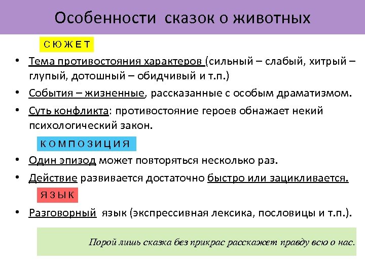 Особенности сказок о животных СЮЖЕТ • Тема противостояния характеров (сильный – слабый, хитрый –