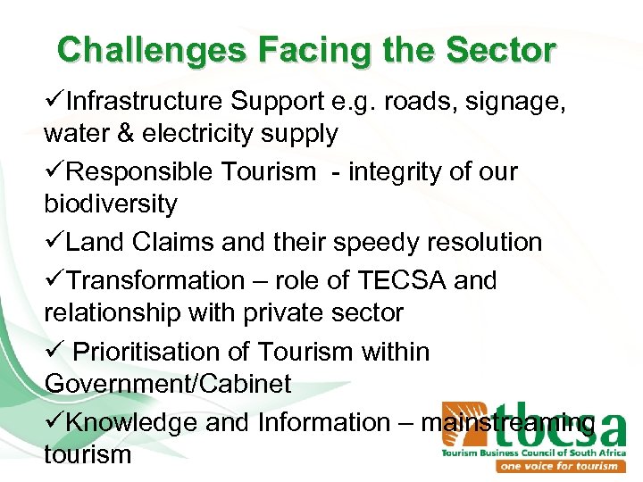 Challenges Facing the Sector üInfrastructure Support e. g. roads, signage, water & electricity supply