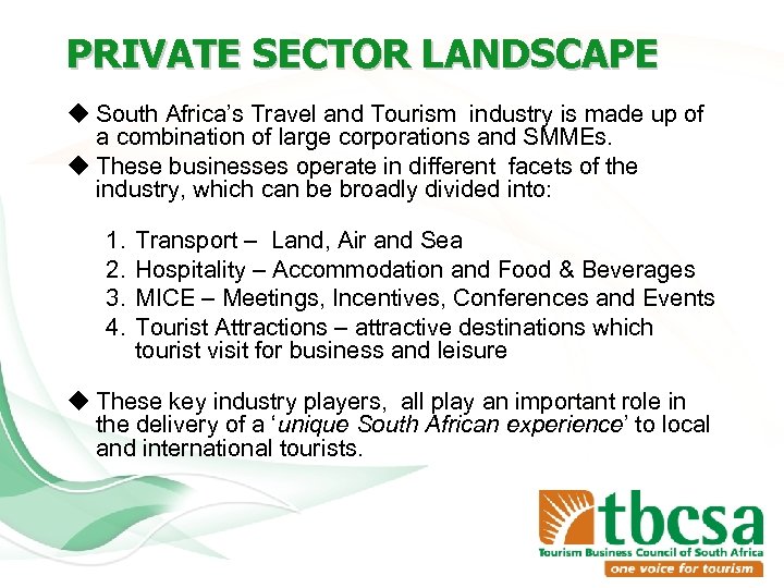 PRIVATE SECTOR LANDSCAPE u South Africa’s Travel and Tourism industry is made up of