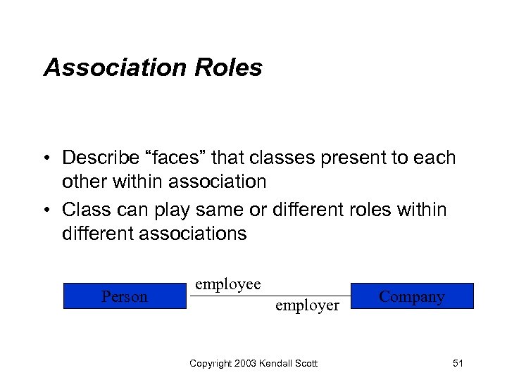 Association Roles • Describe “faces” that classes present to each other within association •