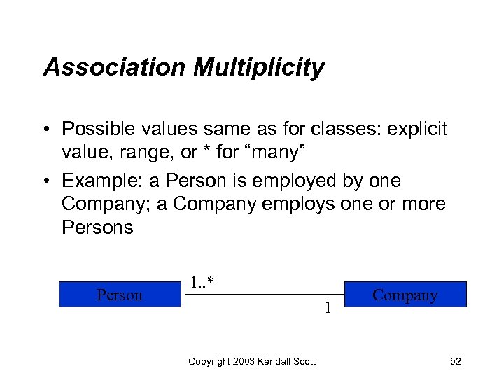 Association Multiplicity • Possible values same as for classes: explicit value, range, or *
