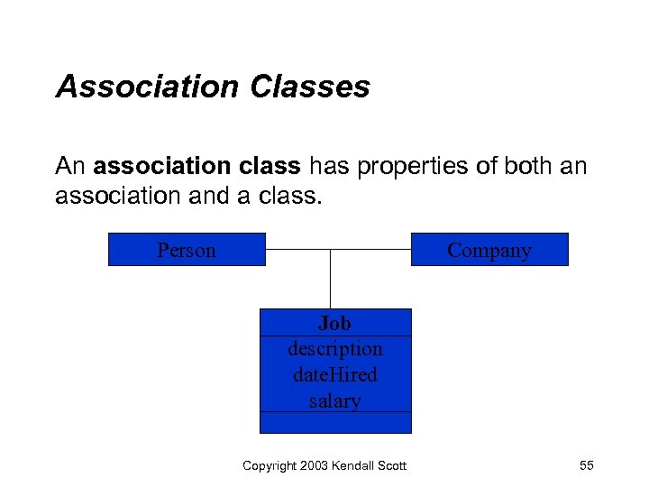 Association Classes An association class has properties of both an association and a class.