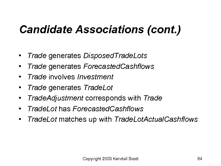 Candidate Associations (cont. ) • • Trade generates Disposed. Trade. Lots Trade generates Forecasted.