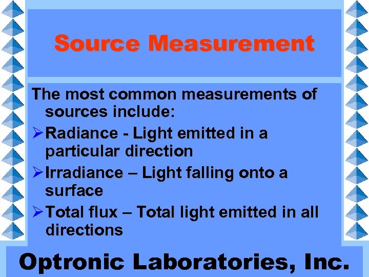 Source Measurement The most common measurements of sources include: Ø Radiance - Light emitted