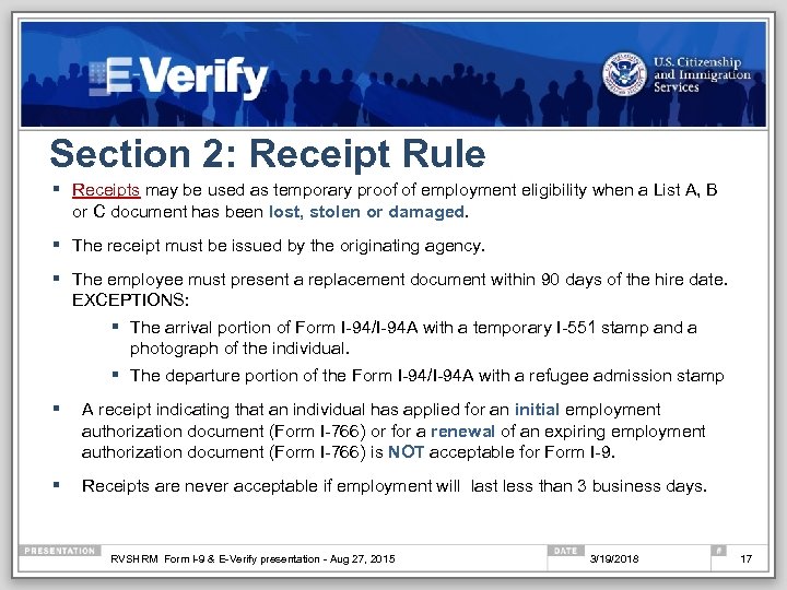 Section 2: Receipt Rule § Receipts may be used as temporary proof of employment