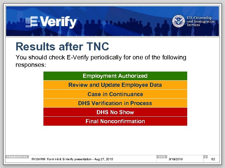 Results after TNC You should check E-Verify periodically for one of the following responses: