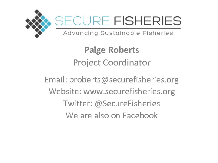 Paige Roberts Project Coordinator Email: proberts@securefisheries. org Website: www. securefisheries. org Twitter: @Secure. Fisheries