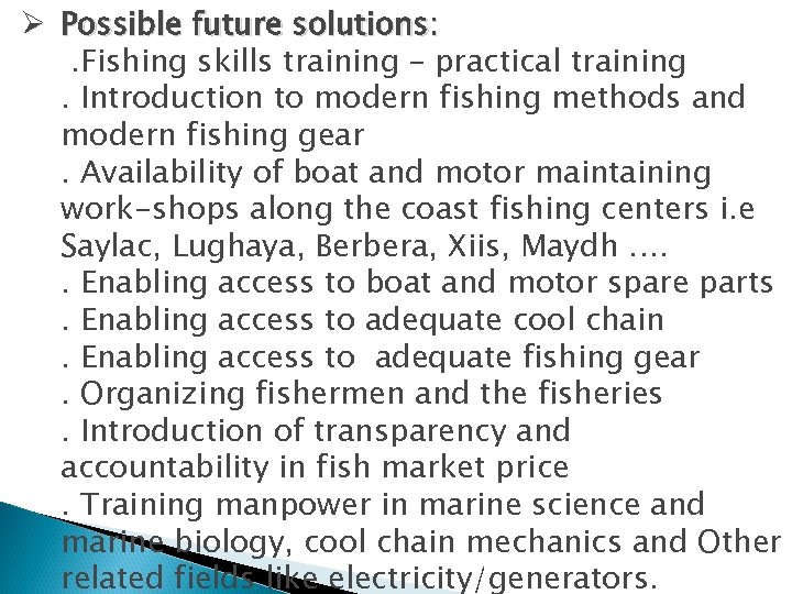 Ø Possible future solutions: . Fishing skills training – practical training. Introduction to modern