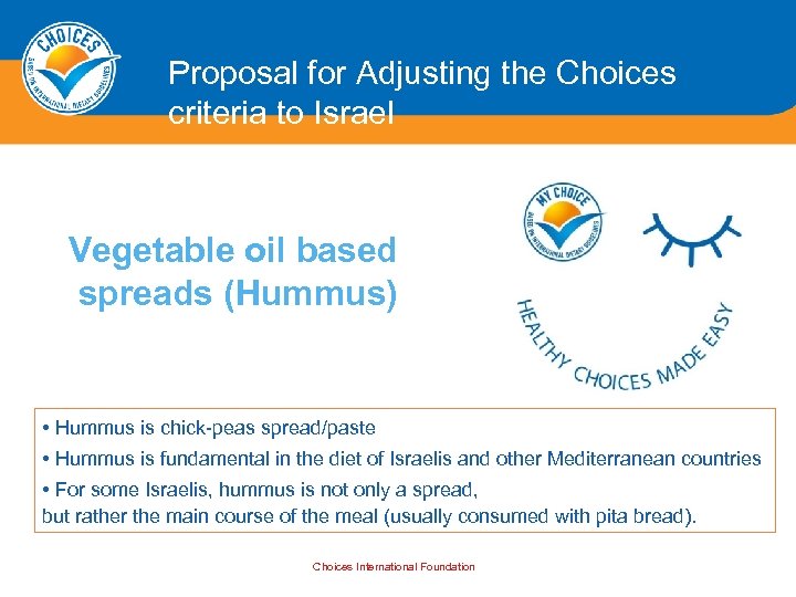 Proposal for Adjusting the Choices criteria to Israel Vegetable oil based spreads (Hummus) •