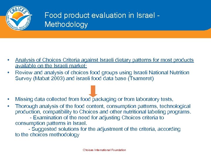 Food product evaluation in Israel - Methodology • • Analysis of Choices Criteria against