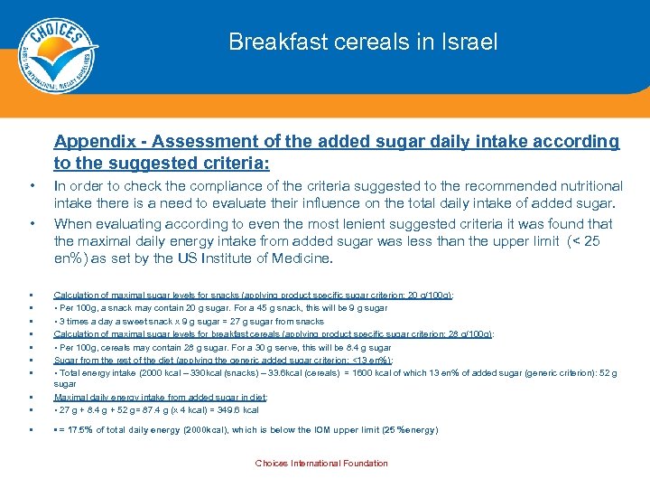 Breakfast cereals in Israel Appendix - Assessment of the added sugar daily intake according