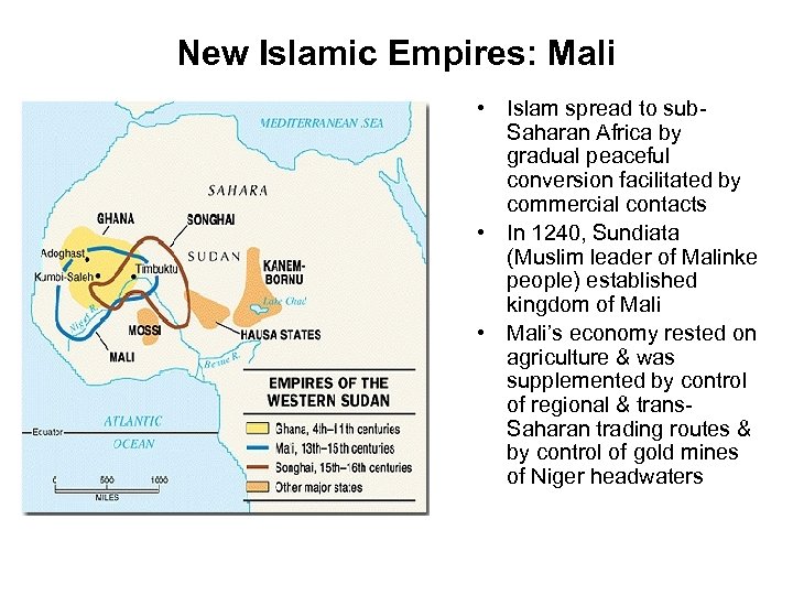 New Islamic Empires: Mali • Islam spread to sub. Saharan Africa by gradual peaceful
