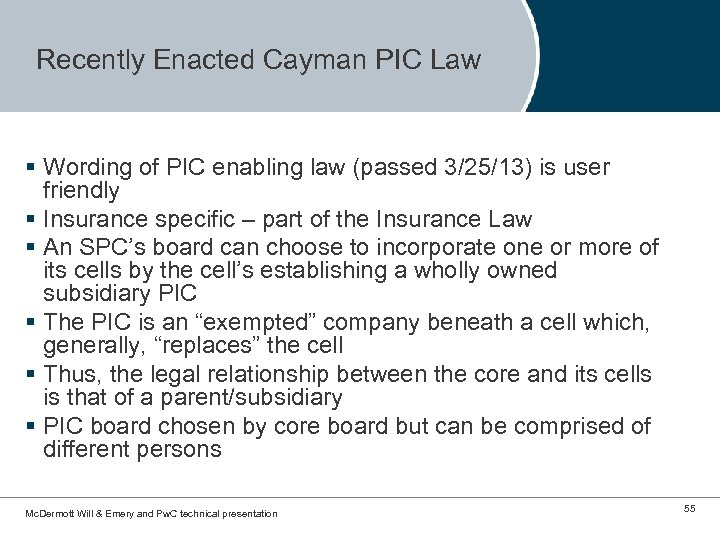Recently Enacted Cayman PIC Law § Wording of PIC enabling law (passed 3/25/13) is