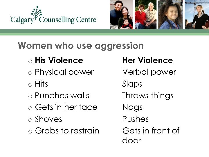 Women who use aggression o o o o His Violence Physical power Hits Punches