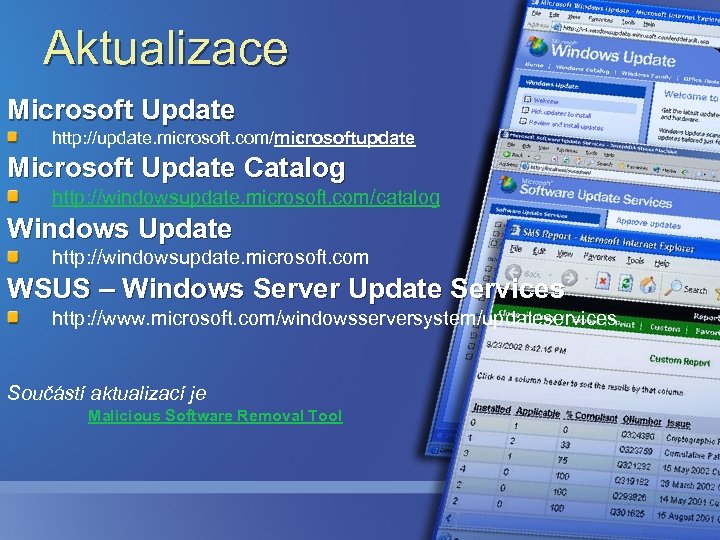 Aktualizace Microsoft Update http: //update. microsoft. com/microsoftupdate Microsoft Update Catalog http: //windowsupdate. microsoft. com/catalog
