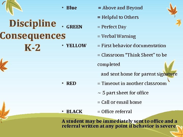  • Blue Discipline • GREEN Consequences • YELLOW K-2 = Above and Beyond