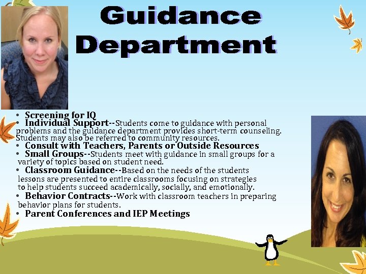  • Screening for IQ • Individual Support--Students come to guidance with personal problems