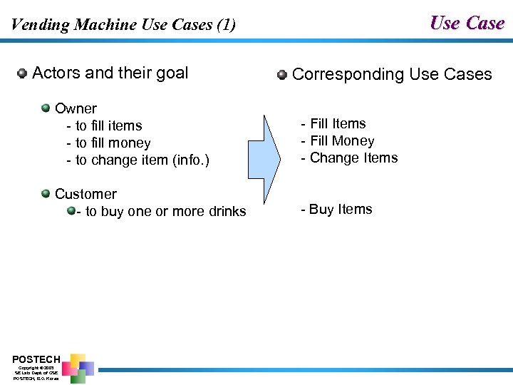 Use Case Vending Machine Use Cases (1) Actors and their goal Owner - to