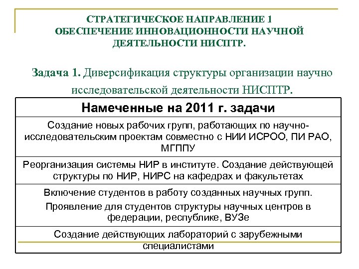 СТРАТЕГИЧЕСКОЕ НАПРАВЛЕНИЕ 1 ОБЕСПЕЧЕНИЕ ИННОВАЦИОННОСТИ НАУЧНОЙ ДЕЯТЕЛЬНОСТИ НИСПТР. Задача 1. Диверсификация структуры организации научно